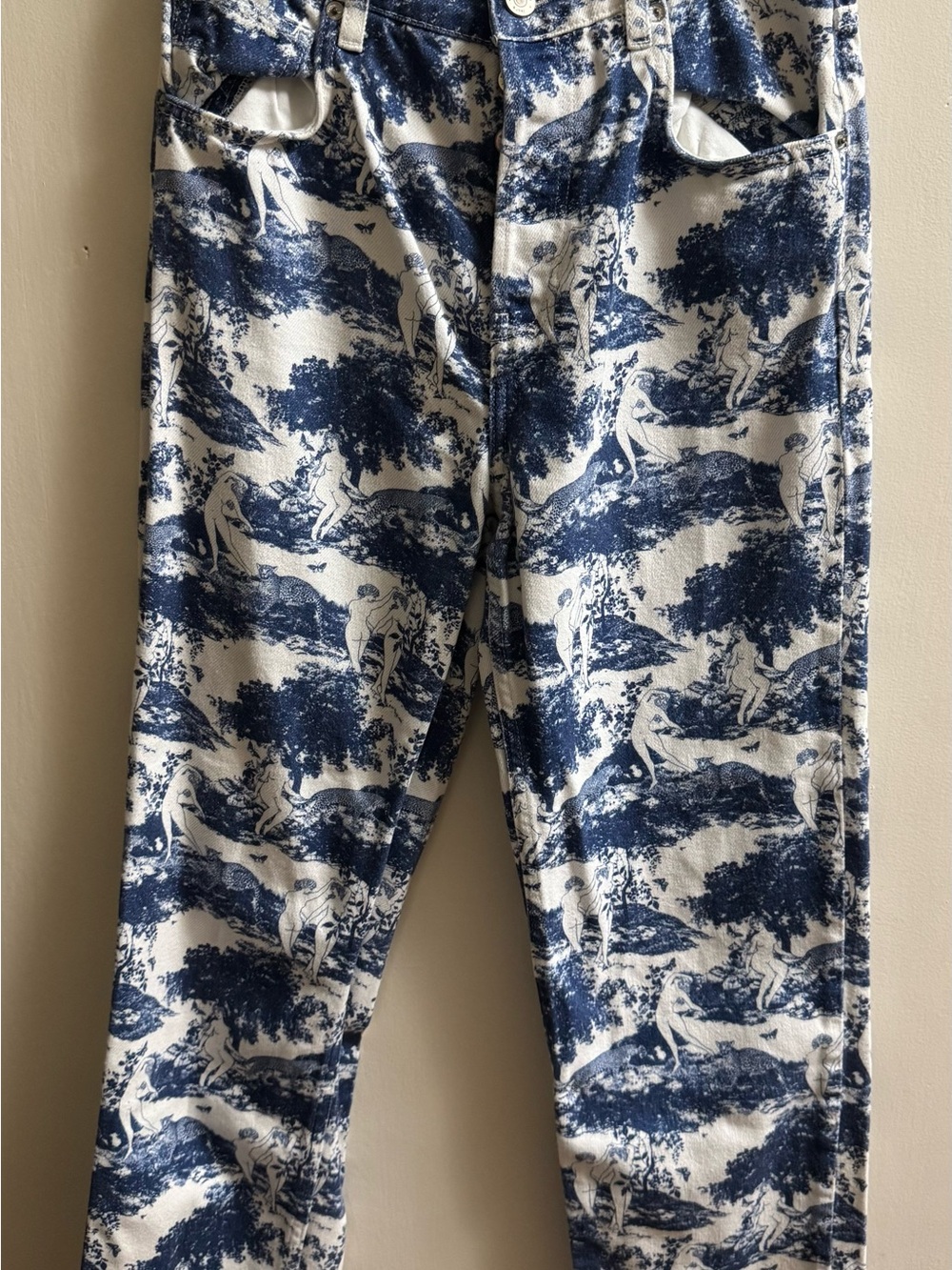 Reformation Blue and White Toile Straight Leg Pants